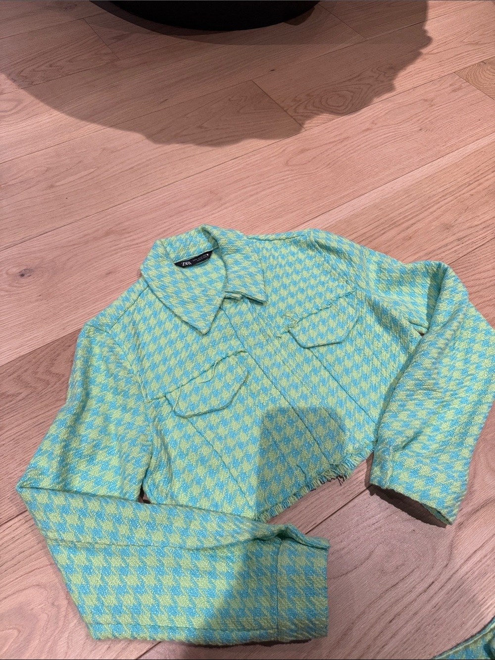 Zara Aqua & Lime Houndstooth Cropped Jacket